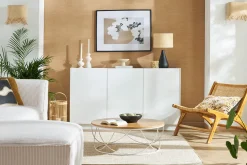 New Miliboo Aparador 3 puertas lacado blanco brillo y diseño madera clara 155 cm NELIO
