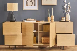 Flash Sale Miliboo Aparador de diseño con acabado roble claro y metal negro con 2 puertas y 4 cajones 180 cm ALASKA