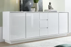 Clearance Miliboo Aparador de 4 puertas con 3 cajones blanco lacado brillante 210 cm COMO