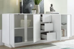 Clearance Miliboo Aparador de 4 puertas con 3 cajones blanco lacado brillante 210 cm COMO