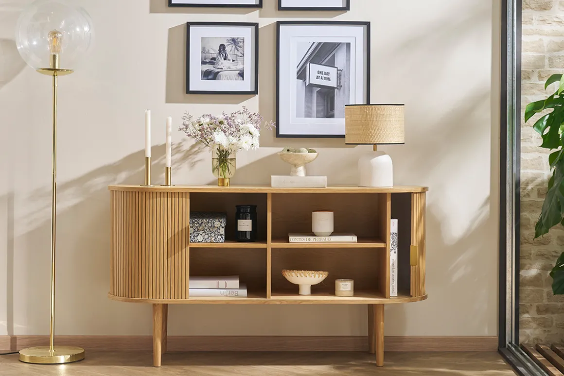 Best Sale Miliboo Aparador vintage de madera clara de roble con 2 puertas correderas 138 cm EPIC