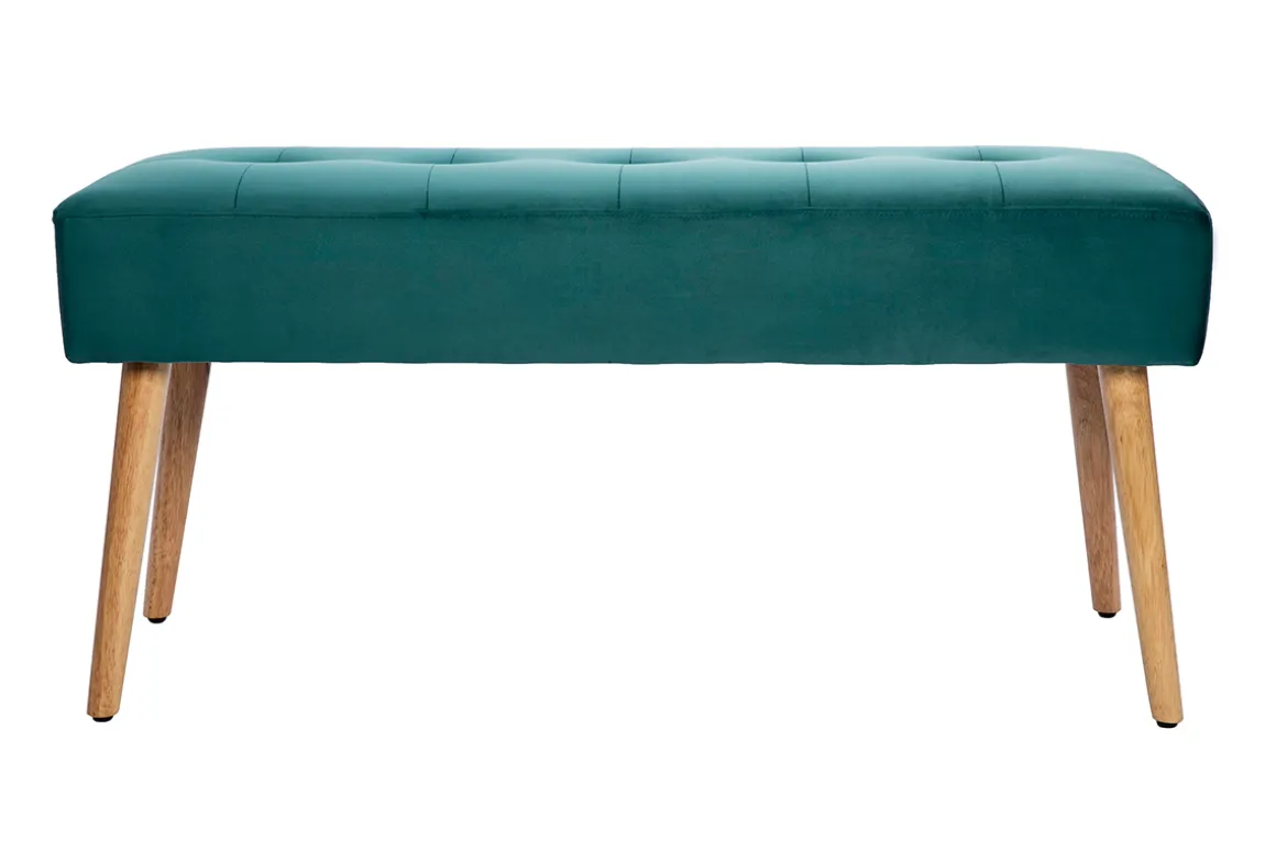 Store Miliboo Banco capitoné de terciopelo azul petróleo y de madera clara 95 cm GUESTA