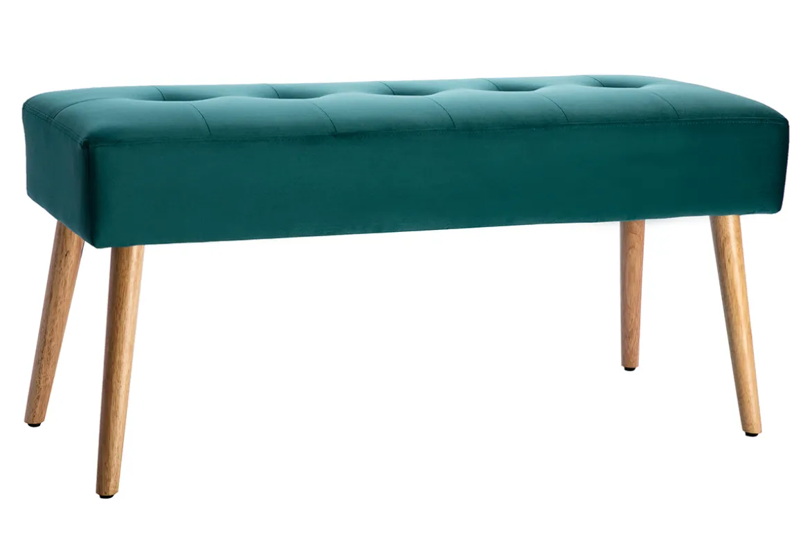 Store Miliboo Banco capitoné de terciopelo azul petróleo y de madera clara 95 cm GUESTA