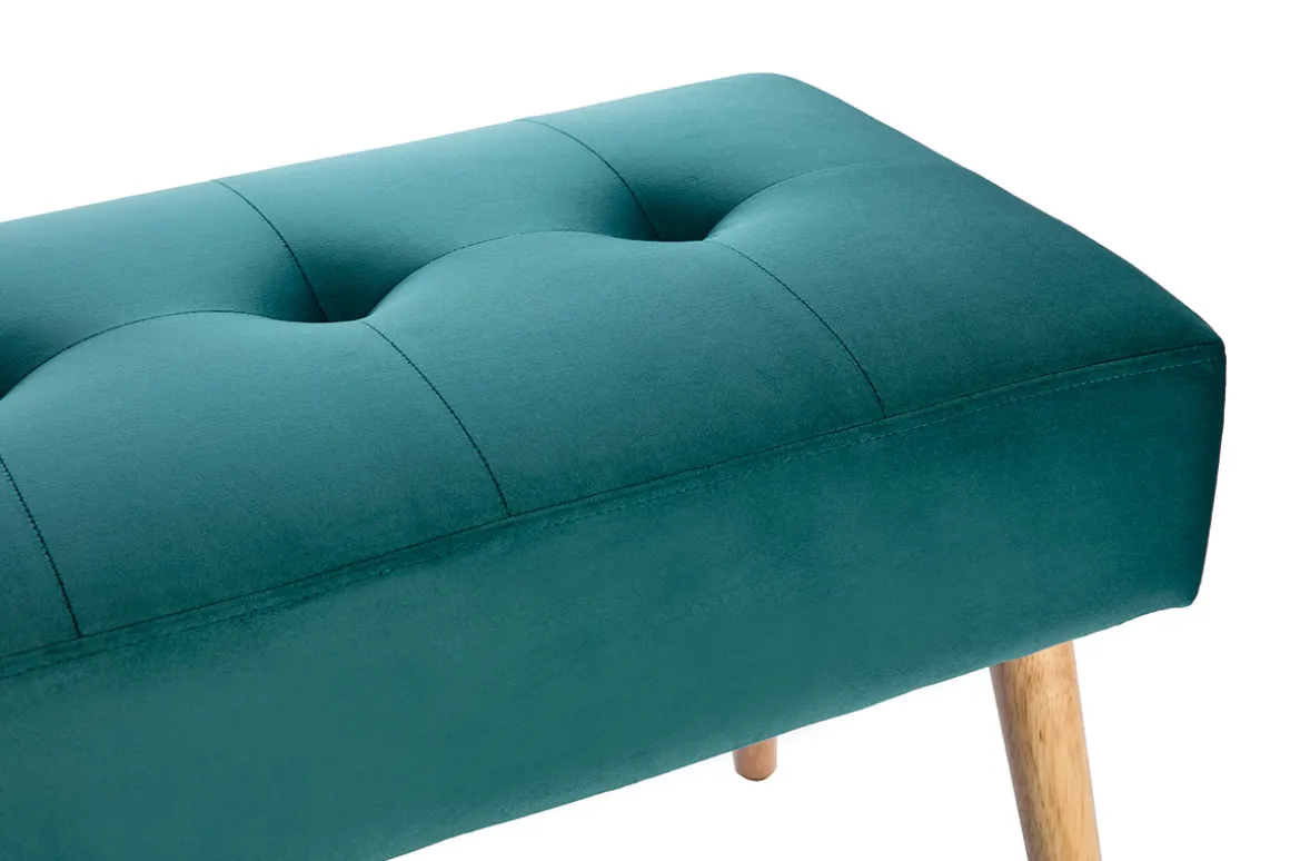 Store Miliboo Banco capitoné de terciopelo azul petróleo y de madera clara 95 cm GUESTA