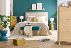 Store Miliboo Banco capitoné de terciopelo azul petróleo y de madera clara 95 cm GUESTA