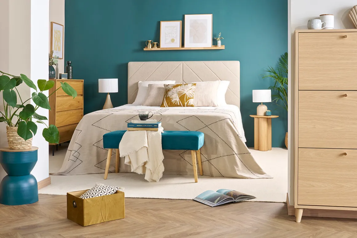 Store Miliboo Banco capitoné de terciopelo azul petróleo y de madera clara 95 cm GUESTA