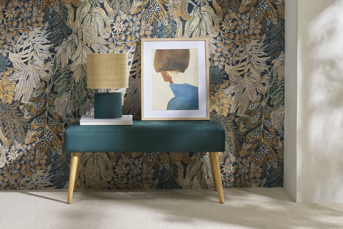 Store Miliboo Banco capitoné de terciopelo azul petróleo y de madera clara 95 cm GUESTA