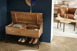 Shop Miliboo Banco de entrada de estilo industrial con espacio de almacenaje de acacia maciza y metal negro SORG
