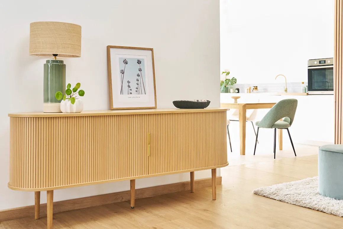 Flash Sale Miliboo Buffet vintage madera clara de roble con almacenamiento 2 puertas correderas L180 cm EPIC