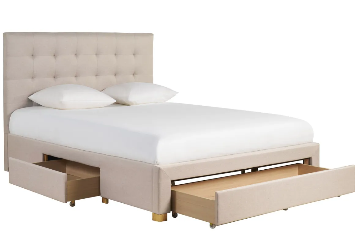 Best Miliboo Cama con cajones 2 plazas 160 x 200 cm de tela beige RENO