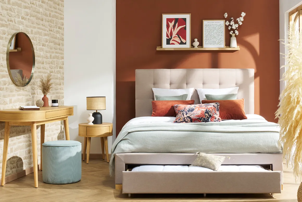 Best Miliboo Cama con cajones 2 plazas 160 x 200 cm de tela beige RENO