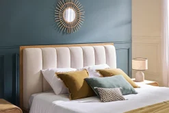 Fashion Miliboo Cama de 2 plazas 160 x 200 cm de madera clara y tejido gris claro RONN
