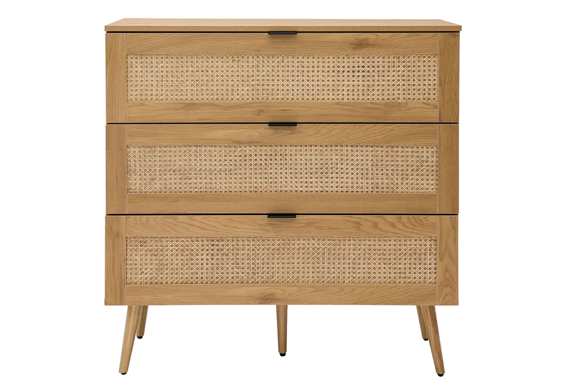 Discount Miliboo Cómoda de madera clara, mimbre y metal negro con 3 cajones 100 cm MANILLE