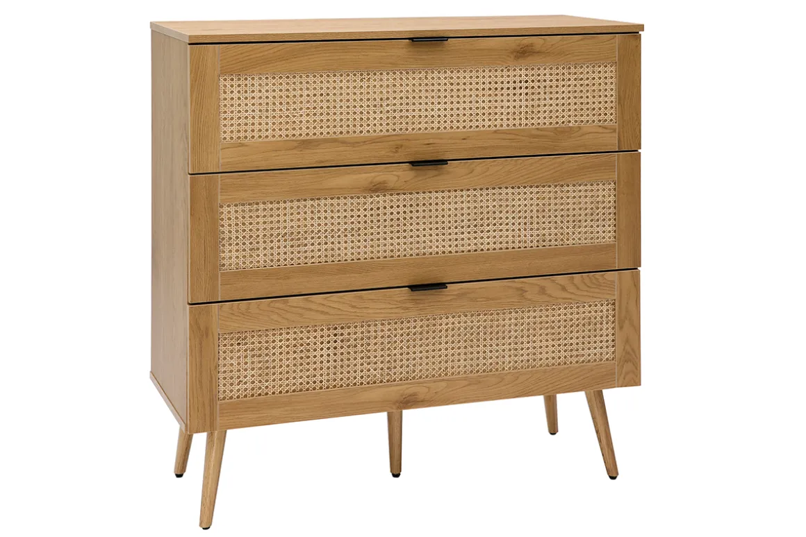 Discount Miliboo Cómoda de madera clara, mimbre y metal negro con 3 cajones 100 cm MANILLE