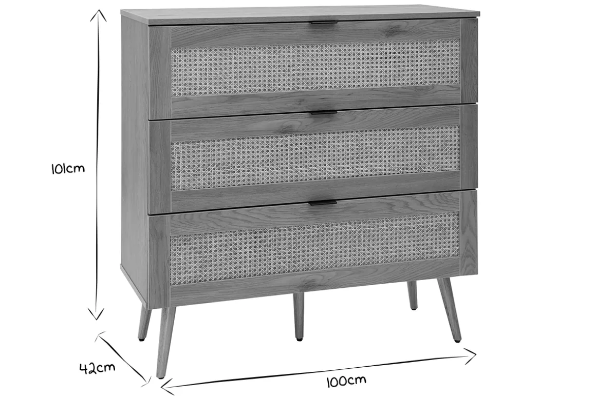 Discount Miliboo Cómoda de madera clara, mimbre y metal negro con 3 cajones 100 cm MANILLE