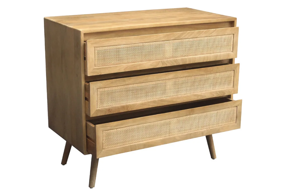 Cheap Miliboo Cómoda de madera maciza de mango y caña de ratán 3 cajones 90 cm ACANGE
