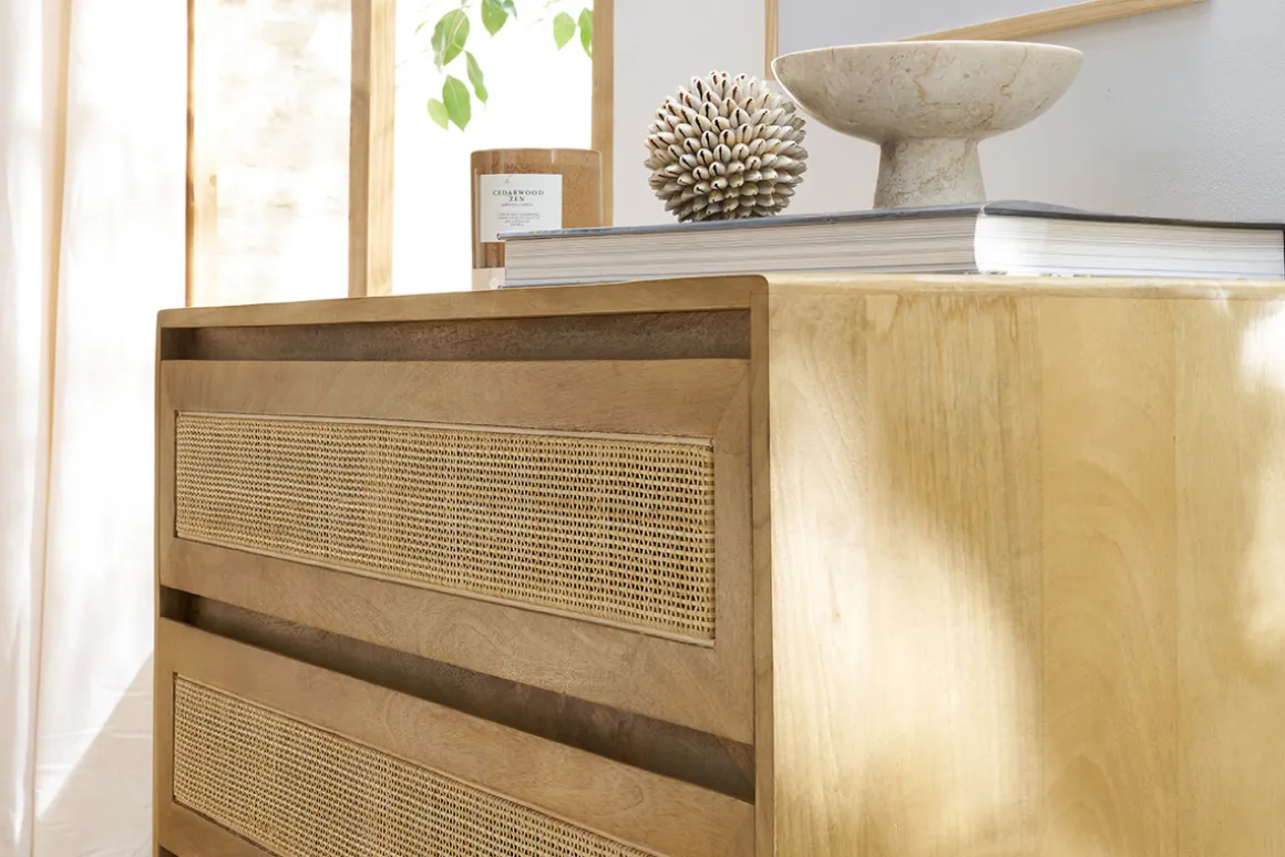 Cheap Miliboo Cómoda de madera maciza de mango y caña de ratán 3 cajones 90 cm ACANGE