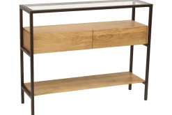 Store Miliboo Consola de madera maciza de mango y tablero de cristal con 2 cajones 100 cm SITA