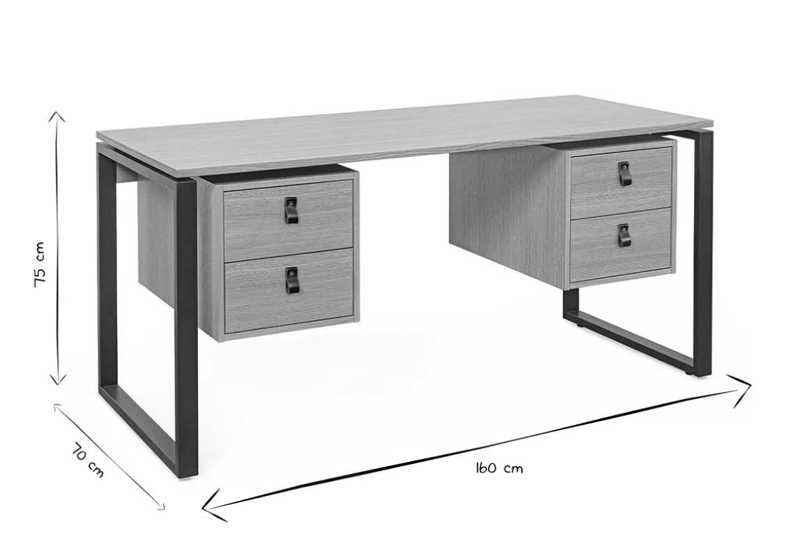 Store Miliboo Escritorio de contrachapado de roble y metal negro con 2 compartimentos 160 cm OPAL