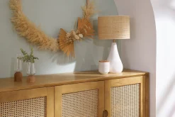Hot Miliboo Lámpara de mesa blanca de cerámica efecto piedra con pantalla de rafia 49 cm PYRUS