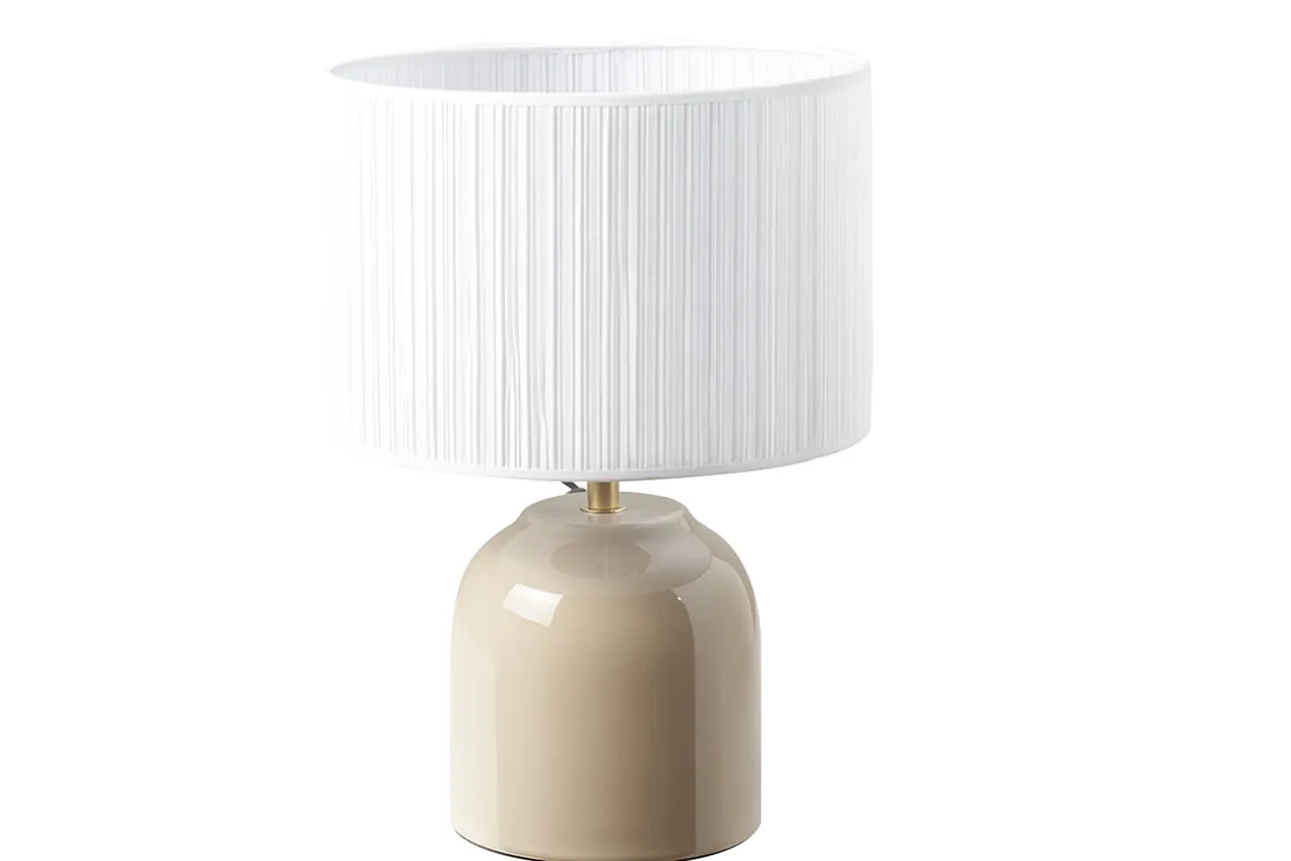 Flash Sale Miliboo Lámpara de mesa color topo de cerámica brillante con pantalla de tela plisada blanca 35 cm PIEGA