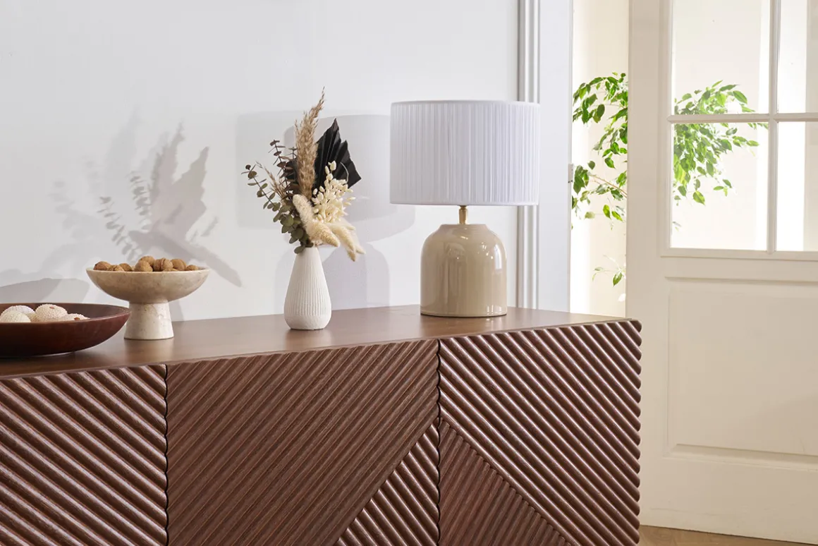 Flash Sale Miliboo Lámpara de mesa color topo de cerámica brillante con pantalla de tela plisada blanca 35 cm PIEGA