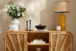 Store Miliboo Lámpara de mesa de cerámica esmaltada amarilla con pantalla de rafia BERRO