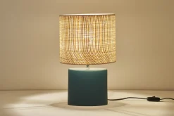 Flash Sale Miliboo Lámpara de mesa de cerámica azul petróleo mate con pantalla de rafia natural 40 cm TIGA