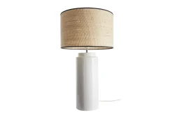 Shop Miliboo Lámpara de mesa de cerámica esmaltada blanca con pantalla de rafia natural 64 cm MAJES