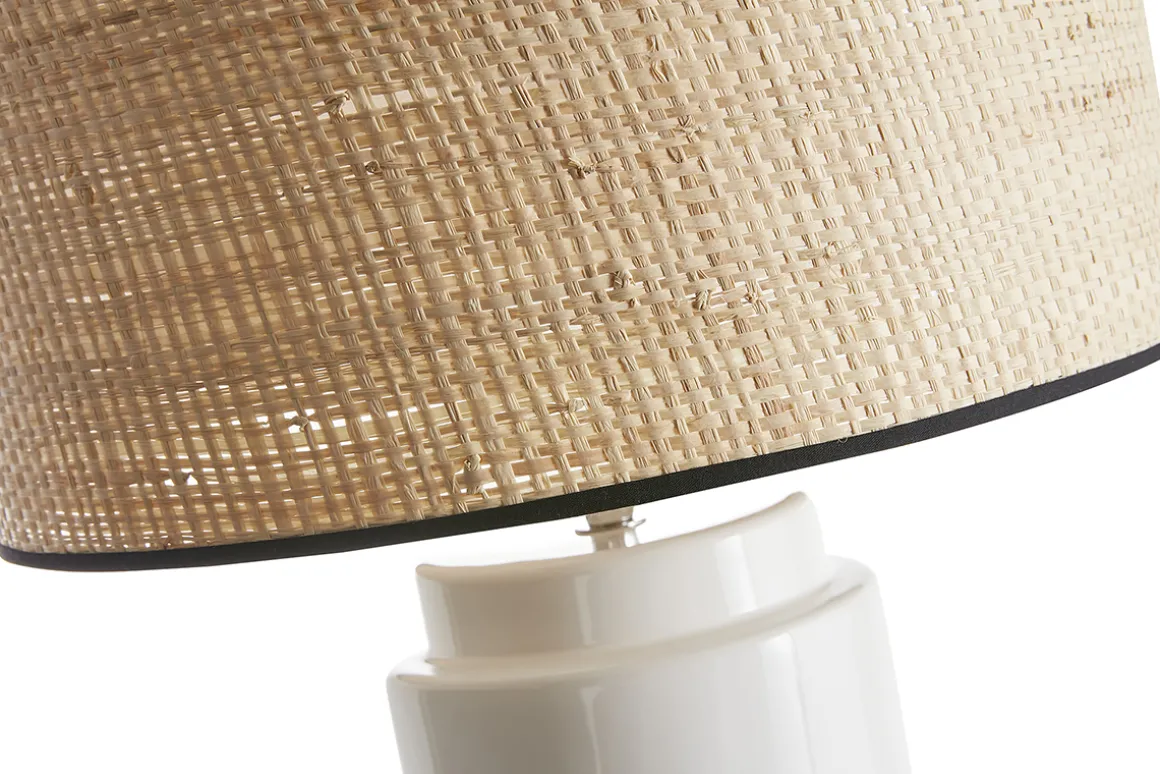 Shop Miliboo Lámpara de mesa de cerámica esmaltada blanca con pantalla de rafia natural 64 cm MAJES