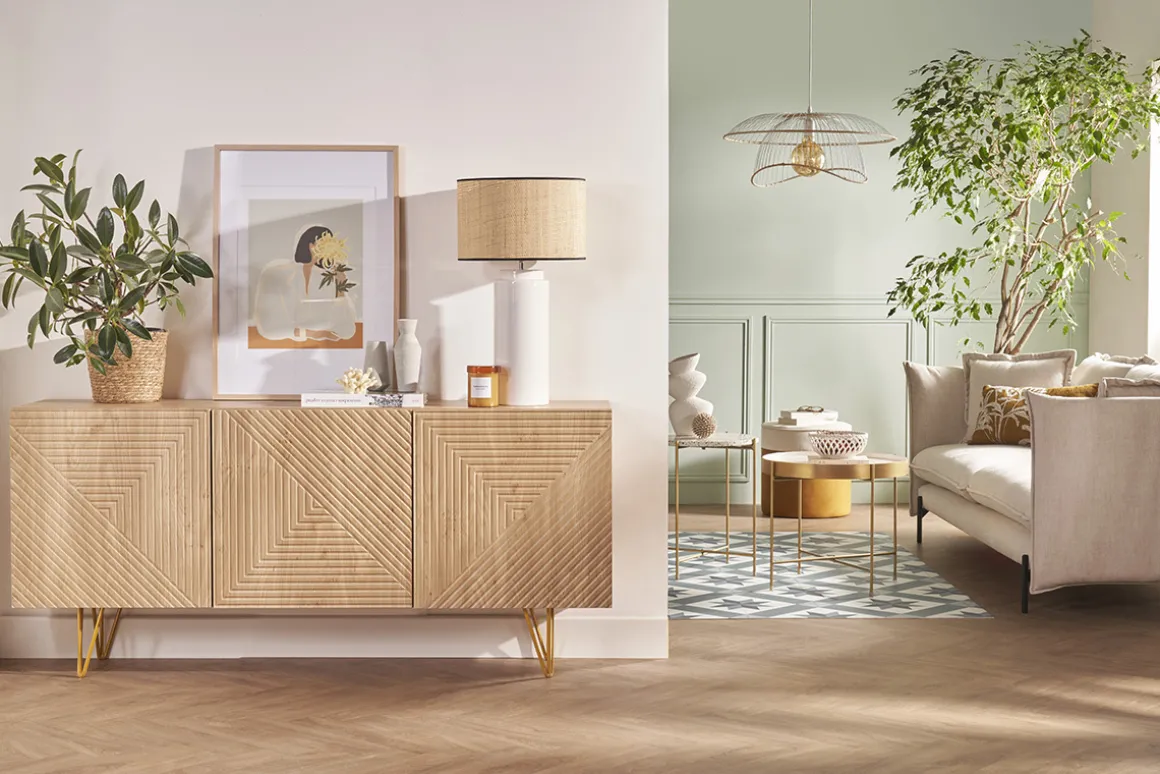 Shop Miliboo Lámpara de mesa de cerámica esmaltada blanca con pantalla de rafia natural 64 cm MAJES