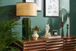 Sale Miliboo Lámpara de mesa de cerámica esmaltada verde con pantalla de rafia natural 64 cm MAJES