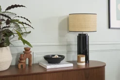 Cheap Miliboo Lámpara de mesa de cerámica esmaltada negra con pantalla de rafia BERRO