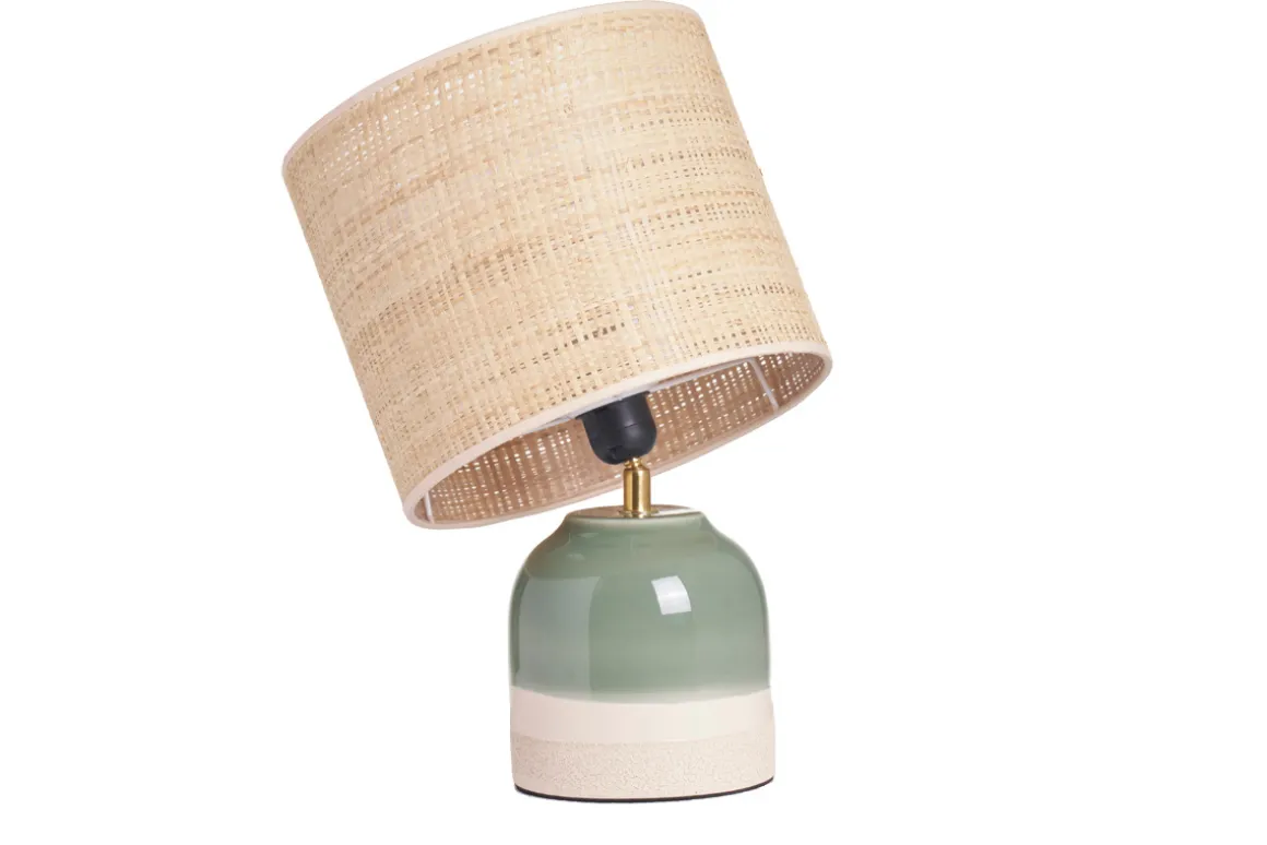 Discount Miliboo Lámpara de mesa verde de cerámica y pantalla de mimbre H35 cm PIEGA