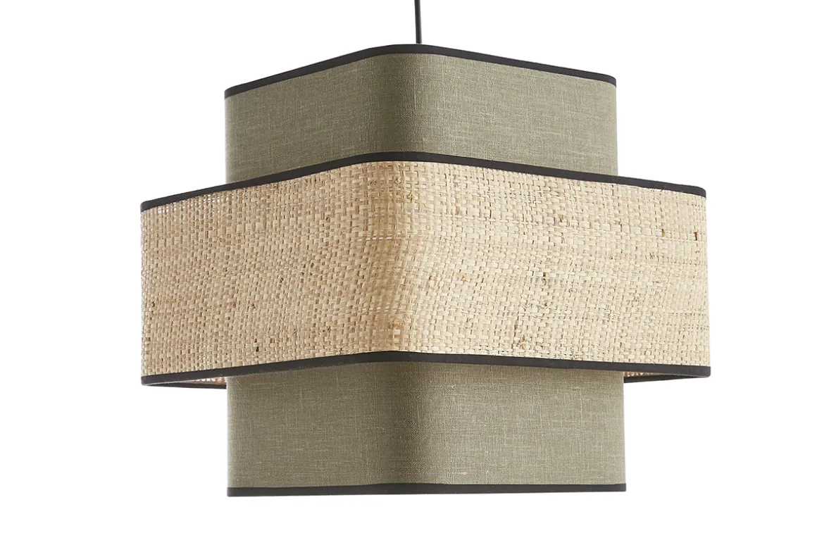 Best Sale Miliboo Lámpara de techo colgante de lino verde caqui y rafia natural 35 cm TERA