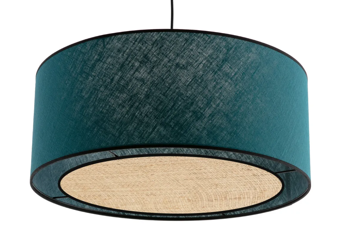 Shop Miliboo Lámpara de techo de lino azul pavo y rafia 50 cm de diám. TRAVES