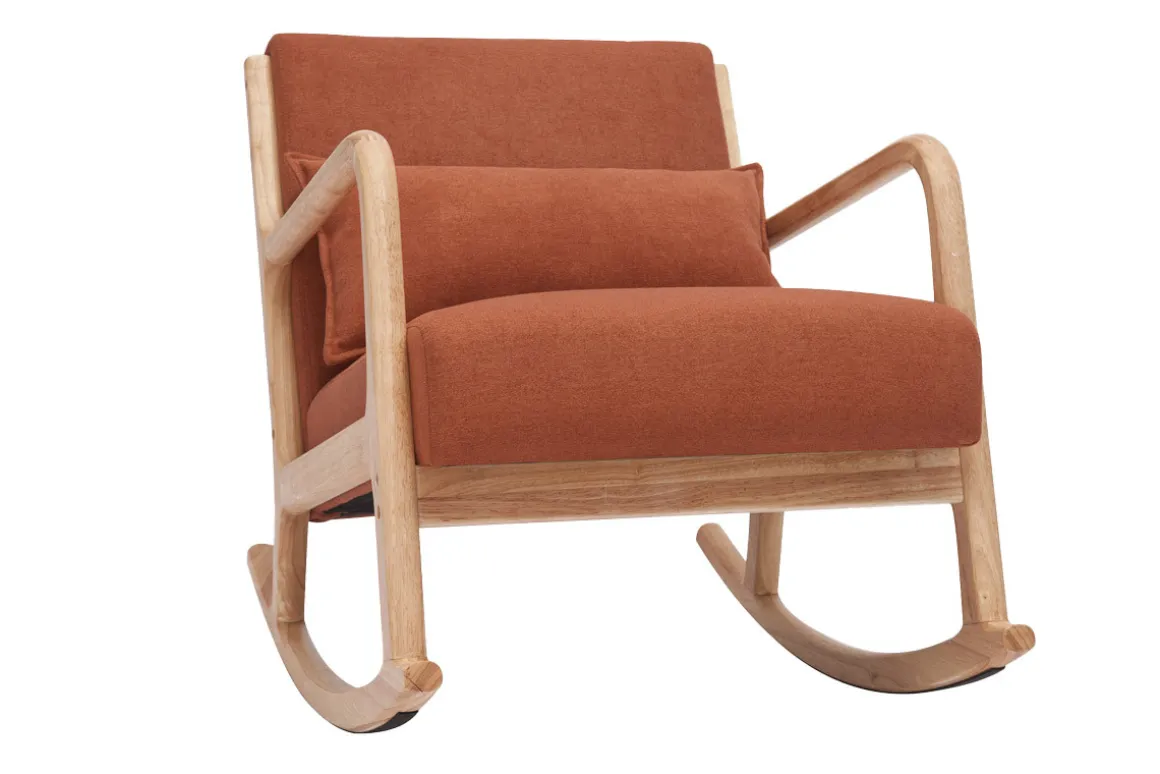 Flash Sale Miliboo Mecedora de tejido efecto aterciopelado terracota y madera clara maciza DERRY