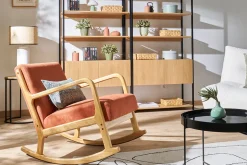 Flash Sale Miliboo Mecedora de tejido efecto aterciopelado terracota y madera clara maciza DERRY