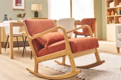 Flash Sale Miliboo Mecedora de tejido efecto aterciopelado terracota y madera clara maciza DERRY
