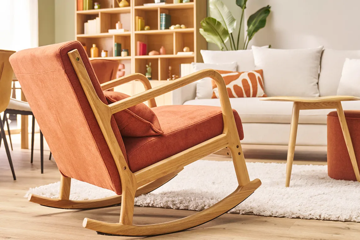 Flash Sale Miliboo Mecedora de tejido efecto aterciopelado terracota y madera clara maciza DERRY