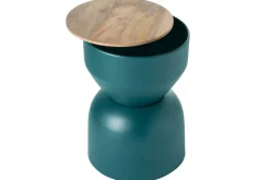 Shop Miliboo Mesa auxiliar redonda de diseño con almacenaje de metal azul petróleo y madera maciza de mango 30 cm YOYO