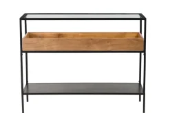 Best Sale Miliboo Mesa consola de metal negro con tablero de cristal y estante de madera maciza 100 cm HAORA