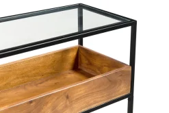 Best Sale Miliboo Mesa consola de metal negro con tablero de cristal y estante de madera maciza 100 cm HAORA