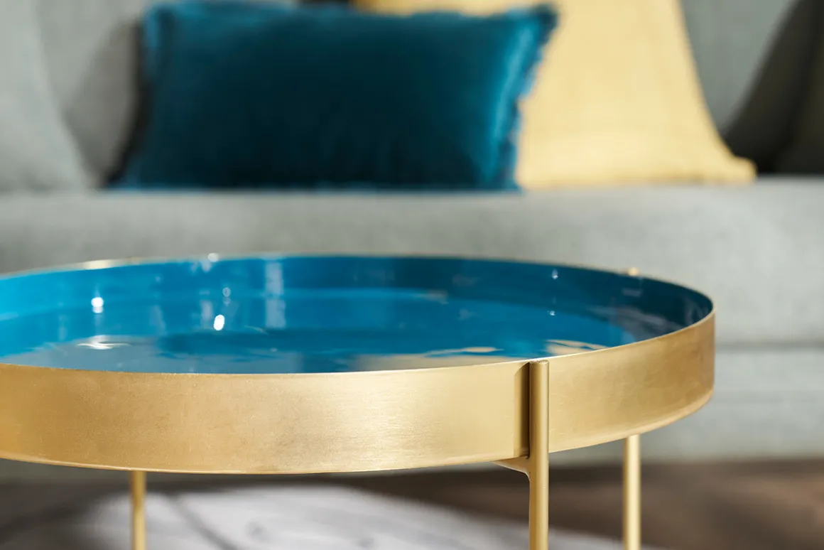 Best Sale Miliboo Mesa de centro con tablero reversible azul petróleo y blanco SATEEN