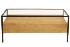 Flash Sale Miliboo Mesa de centro rectangular con almacenaje de madera maciza de mango, cristal y metal negro 100 cm SITA