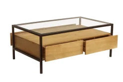 Flash Sale Miliboo Mesa de centro rectangular con almacenaje de madera maciza de mango, cristal y metal negro 100 cm SITA