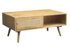 Fashion Miliboo Mesa de centro rectangular con almacenaje de madera maciza de mango y caña de ratán 100 cm ACANGE