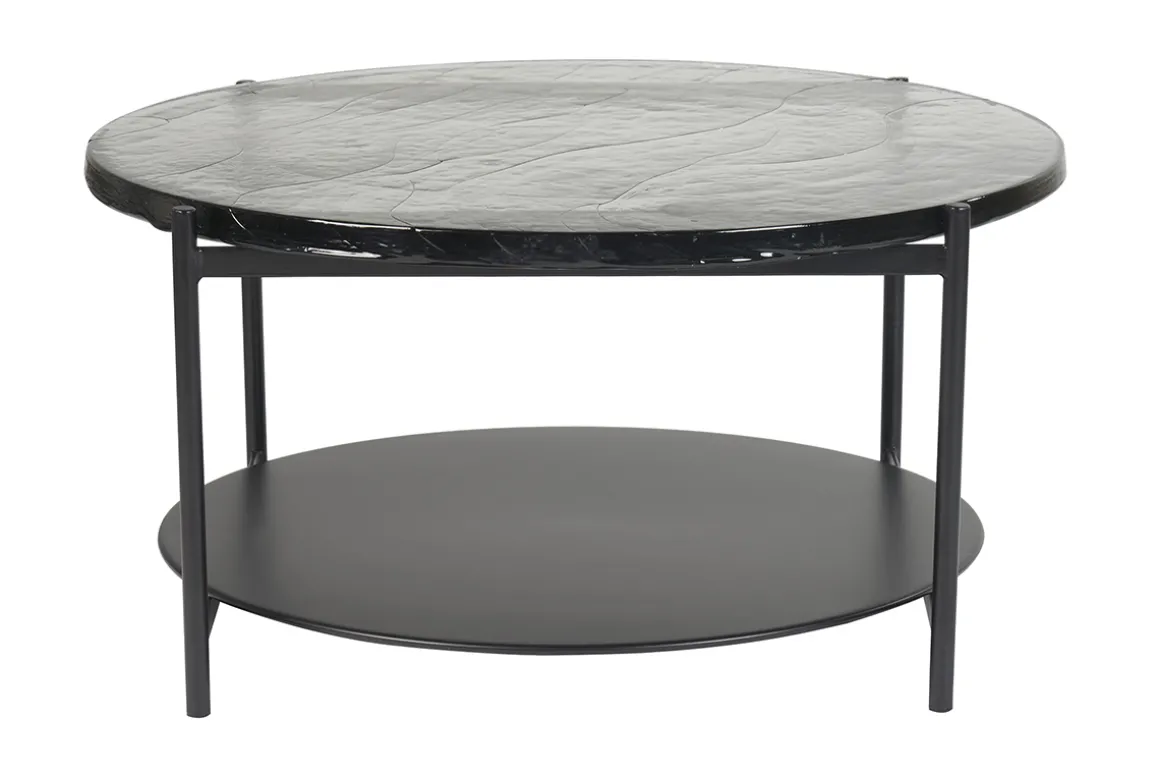 Store Miliboo Mesa de centro redonda con doble tablero de cristal reciclado y metal negro 85 cm WELLE
