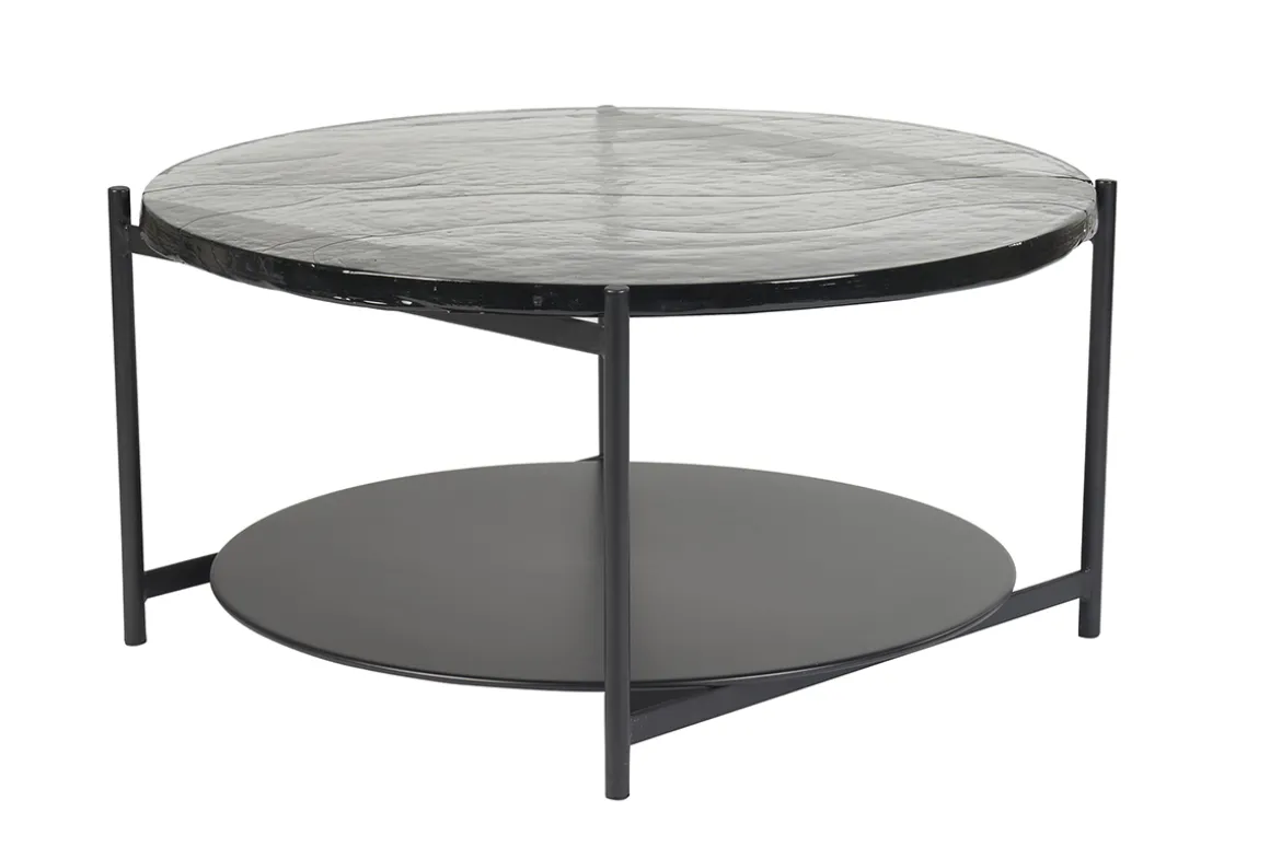 Store Miliboo Mesa de centro redonda con doble tablero de cristal reciclado y metal negro 85 cm WELLE