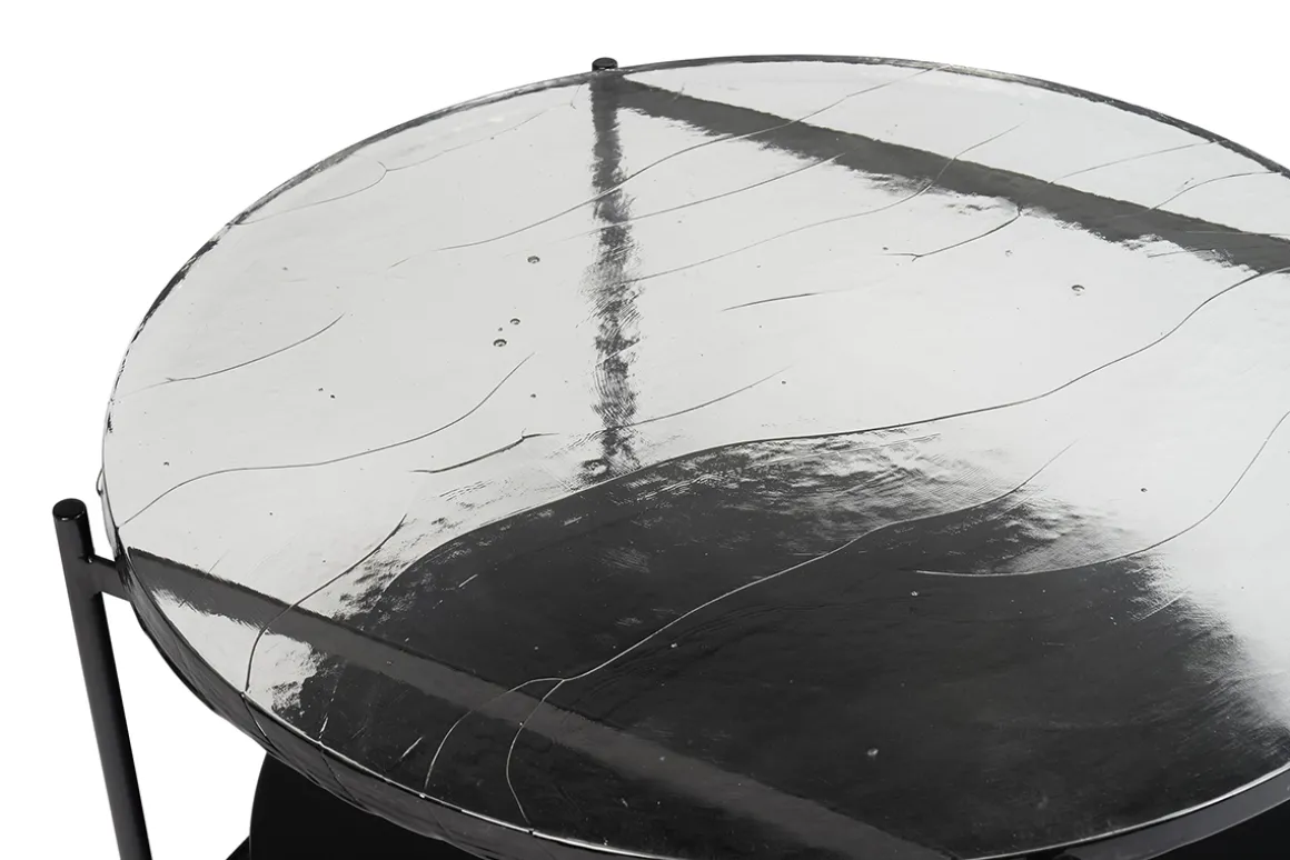 Store Miliboo Mesa de centro redonda con doble tablero de cristal reciclado y metal negro 85 cm WELLE